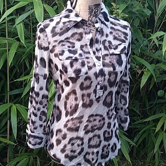 INC International Concepts sheer animal print button up blouse - Picture 3 of 14
